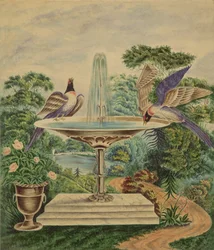 Pájaros en una fuente en un parque paisajístico, c.1840