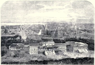 Vista aérea de la ciudad de Washington 1861, con el Capitolio en construcción en primer plano (versión digitalmente limpiada)