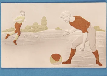 Tarjeta en relieve que muestra a dos futbolistas, c.1880s