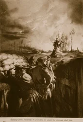 Edificios de granjas en llamas en Flandes incendiados por el fuego de proyectiles alemanes, 1914-19