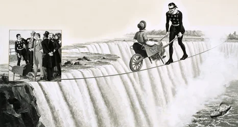 Blondin (Francois Gravelet) empuja una carretilla sobre una cuerda floja sobre las Cataratas del Niágara