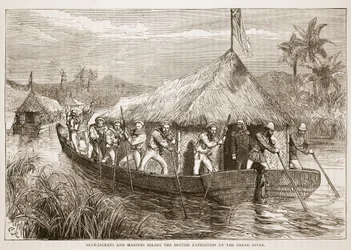 Marineros y marines británicos remando la expedición británica por el río Perak, ilustración de Cassells Illustrated History of England