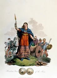 Boudica, Reina de los Icenos, diseñada por C.H.S., grabada por Richard Havell el Viejo, publicada en 1815