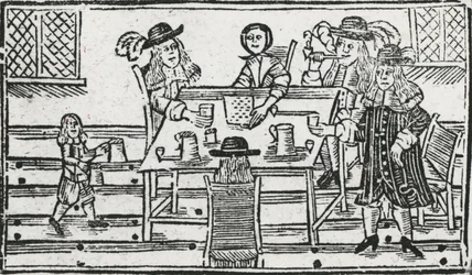Juego de mesa y bebida en la taberna (xilografía)