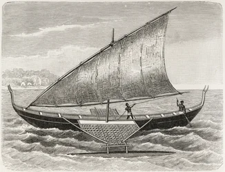 Barco de las Islas Mortlock, con balancín y vela de estera de junco, de 