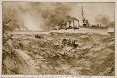 Botes del Arethusa rescatando hombres del hundimiento del Blucher
