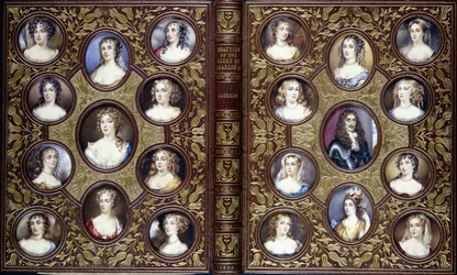 Portada del libro con veintidós miniaturas de retratos de Carlos II y las bellas mujeres de su corte, 1833