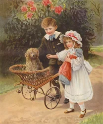 Niño y niña empujando a su perro en un carrito (cromolito)