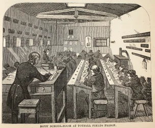 Sala de escuela de niños en la prisión de Tothill Fields, ilustración de Las prisiones criminales de Londres y escenas de la vida en prisión de Henry Mayhew y John Binny, pub. 1862