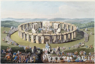 Fiesta bretona en un campo megalítico (con dólmenes y menhires) - en «Celtas y godos, costumbres de los habitantes de las islas británicas de principios del siglo VI y de las naciones godas de la costa occidental del Báltico», de S. R. Meyrick y Ch. Smith