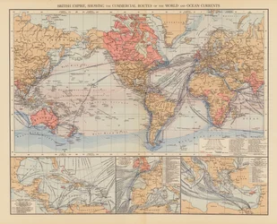Imperio Británico, mostrando las rutas comerciales del mundo y las corrientes oceánicas (litografía en color)