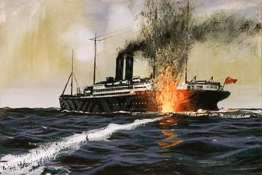 Barco británico siendo alcanzado por un torpedo