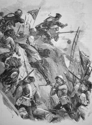 Tropas británicas asaltando los fuertes de Taku en China en 1860 durante las Guerras del Opio