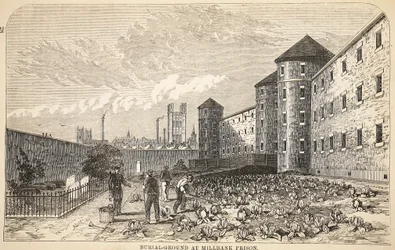 Cementerio en la prisión de Millbank, ilustración de Las prisiones criminales de Londres y escenas de la vida en prisión de Henry Mayhew y John Binny, pub. 1862