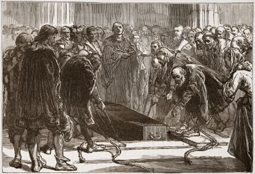 Entierro de Lutero en la Schloss-Kirk, Wittemberg, ilustración de La Historia del Protestantismo de James Aitken Wylie, pub. 1878