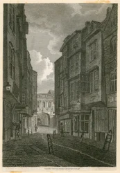 Butcher Row, vista desde Temple Bar, basado en un dibujo de Edward Dayes, 9 de junio de 1796