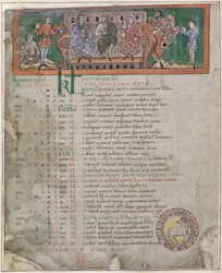 Página de calendario para abril: Banquetes, ilustración de un 