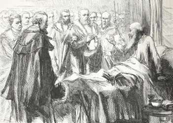 Calvino dirigiéndose al Consejo por última vez, ilustración de La Historia del Protestantismo de James Aitken Wylie, pub. 1878