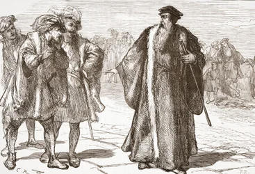 Calvino insultado por los libertinos en el puente del Ródano, ilustración de La Historia del Protestantismo de James Aitken Wylie, pub. 1878