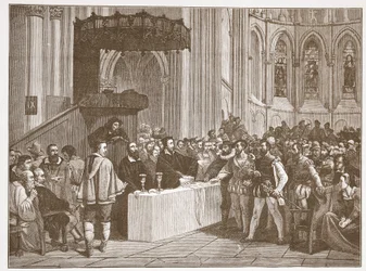 Calvino negando la Cena del Señor a los Libertinos, en la Catedral de San Pedro, Ginebra, ilustración de La Historia del Protestantismo de James Aitken Wylie, pub. 1878