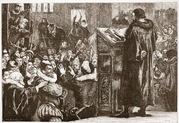 Calvino amenazado en la iglesia de Rive, ilustración de La Historia del Protestantismo de James Aitken Wylie, pub. 1878