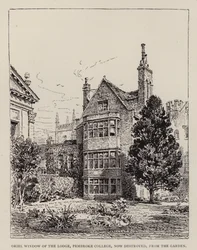 Cambridge: Ventana Oriel de la Logia, Pembroke College, ahora destruida, desde el Jardín