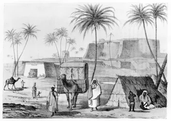 Camello litera en Morzouk en el Fezzan, Libia, de Narrativa de Viajes en el Norte de África por G.F. Lyon, publicado en 1821
