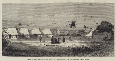 Campamento del 59º Regimiento en Mooltan, Punto de Encuentro de la Fuerza de Campo de Quetta (grabado)