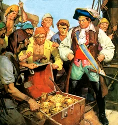 El tesoro perdido del capitán Kidd, cuyo secreto llevó a la horca en 1701 (litografía en color)