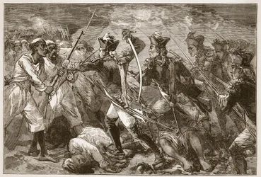 El Capitán Yorke liderando la esperanza perdida en Masulipatam, ilustración de Cassells Illustrated History of India de James Grant, pub. 1879