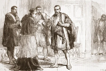 Cardenal de Tournon leyendo el cartel protestante a Francisco I, ilustración de La Historia del Protestantismo de James Aitken Wylie, pub. 1878