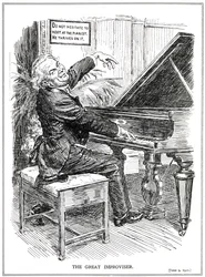 Caricatura satírica de Lloyd George como el Gran Improvisador o líder de los Improvisa-Tories, junio de 1920