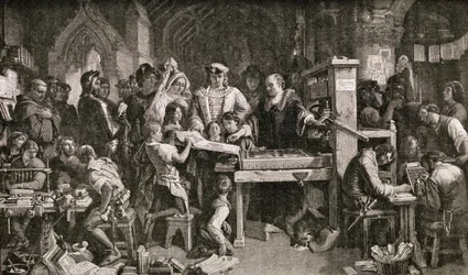 Caxton (c.1422-91) mostrando especímenes de su impresión al Rey Eduardo IV en el Almonry en Westminster, 1858