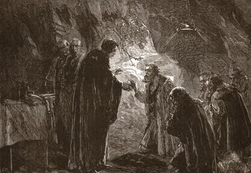 Celebración de la Cena del Señor por Calvino y sus compañeros protestantes en la gruta de Poictiers, ilustración de La Historia del Protestantismo de James Aitken Wylie, pub. 1878