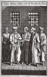 Ciertos obispos hablando con el Sr. Bradford en prisión, ilustración de Mártires de Fox c.1703