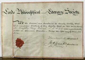 Certificado de membresía honoraria para Sir Humphry Davy (1778-1829) a la Sociedad Filosófica y Literaria de Leeds, 5 de diciembre de 1823