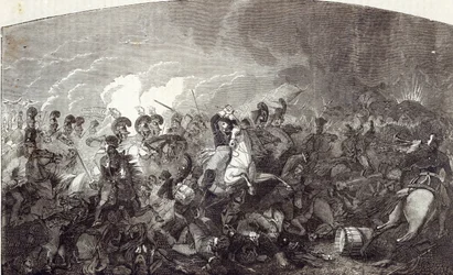 Carga de la Brigada Pesada de Lord Somerset en Waterloo y derrota total del ejército francés, ilustración de 