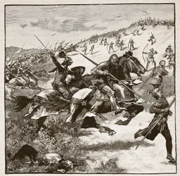Carga de los escoceses en Homildon Hill, ilustración de Cassells Illustrated History of England