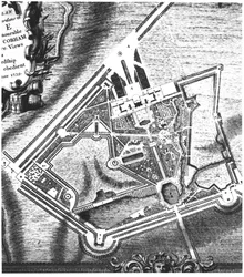Plan de Charles Bridgeman para los Jardines de Stowe, de un libro sobre vistas de Stowe publicado por Mrs Charles Bridgeman en 1739