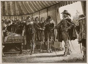 Carlos y los comisionados escoceses, ilustración de la Historia Ilustrada de Inglaterra de Cassell