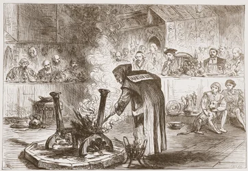 Carlos ve la obra de las máscaras, ilustración de La Historia del Protestantismo de James Aitken Wylie, pub. 1878