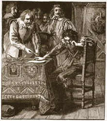 Carlos firmando la Comisión de Asentimiento a la Condena de Strafford, ilustración de la Historia Ilustrada de Inglaterra de Cassell