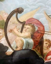 Querubín tocando el arpa, detalle del mural del techo del Salón del Cielo (óleo sobre lienzo)