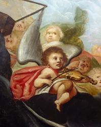 Querubín tocando un violín, detalle del mural del techo de la sala del Cielo (óleo sobre lienzo)