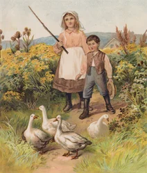 Niños con ocas (cromolito)