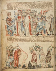 Cristo ante Herodes y ante Pilatos; Herodes se lava las manos; la flagelación de Cristo, Add. 47682, f.30v, c.1320-30 (vitela)