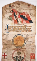 Crónica de la historia del mundo desde la creación hasta Woden, con una genealogía de Eduardo IV (Rollo de Eduardo IV), sección inicial con un retrato de Eduardo IV a caballo, un medallón con Dios y otro