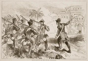 Clive liderando a sus hombres hacia Conjeveram, ilustración de Cassells Illustrated History of India de James Grant, pub. 1879