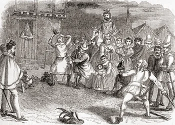 Lanzamiento del gallo, también llamado espantar gallos o lanzar contra gallos, de Old England: A Pictorial Museum, publicado en 1847