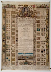 Gráfico conmemorativo que muestra los estandartes capturados a los franceses después de la Batalla de Blenheim, c.1704